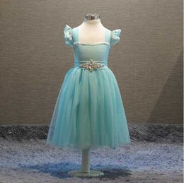 wholesale baby girl lace puff sleeve tulle dress elegant children mid-calf with rhinestone waistline 5pcs/lot 210529