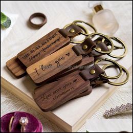 Keychains Fashion Accessories Personalised Leather Keychain Pendant Beech Wood Carving Lage Decoration Key Ring Diy Thanksgiving Fathers Day