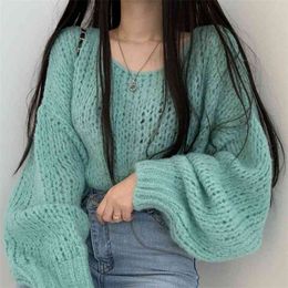 South Korean Chic Spring Hundred Candy-colored Cover Head Loose Thick Line Casual Lantern Sleeve Knitted Soft Sweater Woman 210529