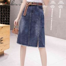 Denim Women Solid Colour A-line Midi Skirt Female Summer High Waist Splits Stretchy Skirts Cotton B04314B 210421