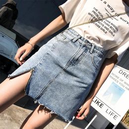 Denim Skirt High Waist Korean Style Street Pockets Button Mini Women's Fashion Plus Size Cotton Jeans 210428