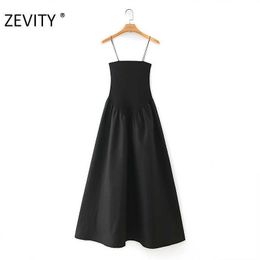 Zevity women sexy spaghetti strap vestido elastic patchwork balck dress chic female pleat casual slim party sling dresses DS4391 210603