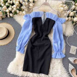 Women Mesh Round Neck Wooden Ear Long Sleeve Autumn Fashion Slimming Package Hip Dress Elegant Vestidos De Mujer P214 210527