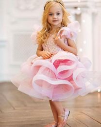 Pink Lovely Puffy Flower Girl Dress Appliqued Organza Custom Made Birthday Gowns Sleeveless Knee Length Pageant First Communion Dresses