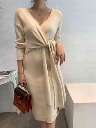 Warm Knitted Korean Style Autumn Solid Jumper Dresses Thick 2021 Winter Pollover Sweater Dress Women Woman Apricot Grey Vestido G1214