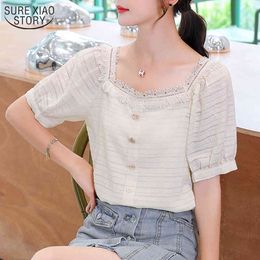 Summer Pullover Puff Short Sleeve Square Collar Lace Chiffon Blouses Women Fashion Plus Size Loose Shirts Tops Blusas 10206 210508