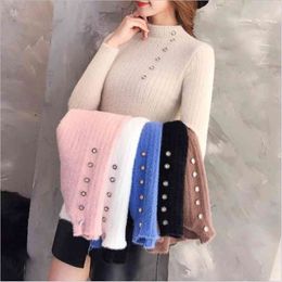 Faux Mink Velvet Button Bottom Slim Sweaters Women Warm Knitted Sweater Pullover Female Spring High Collar Solid Colour 210914