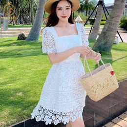 Sexy Lace Woman Dress Summer Square Collar Short Sleeve Dresses Party Club Vestido White Fashion 210520