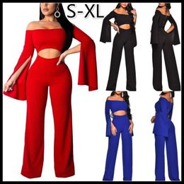 Women's Jumpsuits & Rompers Fashion Cotton Soild Colour Soft Sexy Shoulder Trendy Long Sleeve Hollowed-out One-piece Jumpsuit For Women Party