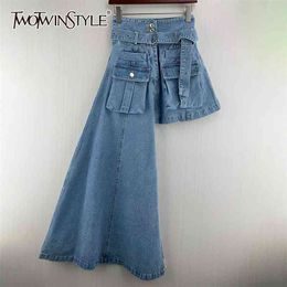 Denim Patchwork Pocket Skirt For Women High Waist Asymmetrical Irregular Hem Streetwear Skirts Female Fashion 210521
