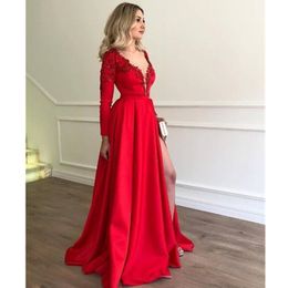 Long Sleeves Prom Dresses Red Evening Gowns Pageant Women Sexy Party Wear High Left Split Abiye Dubai Gown 328 328