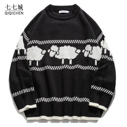 Sheep Knitted Sweaters Men Streetwear Winter HipHop Vintage Loose Knitting Oversized Pullovers Casual Japanese Sweater
