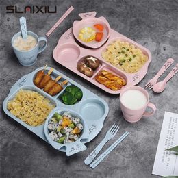 6Pcs/ Set Children Baby Tableware Set Cartoon Plates Kid Dishes Children Dinnerware Anti- Training Food Bowl Spoon Fork 211027