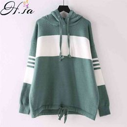 Women Sweaters Fall Fahion Hooded Pullover and Knitwear Long Sleeve Green Patchwork Pull Jumper korean style women 210430