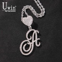 Uwin Cursive Letters With Heart Bail Brush Cubic Zirconia Intial Name Necklace Jewelry Charm Hip Hop Drop