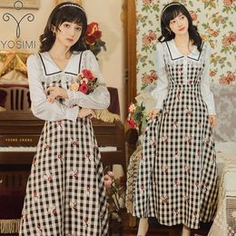 YOSIMI Spring Vintage Plaid Long Women Dress Fake Set Vestidos Floral Embroidery Sleeve Evening Party Elegant 210604