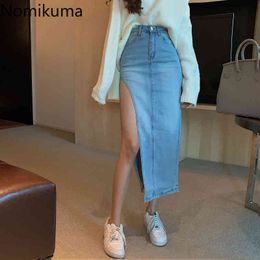 Nomikuma High Waist Sexy Split Jeans Skirt Korean Fashion Elegant Women Demin Skirts Spring New One-step Faldas Mujer 6E084 210427