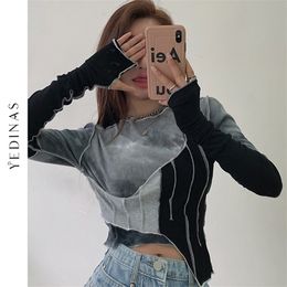 Yedinas Tie-dye Colour Matching Irregular T-shirt Women Sexy Slim Crop Top Chic Design Korean Style Long Sleeve Spring 220217