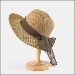 Wide Brim Hats & Caps Hats, Scarves Gloves Fashion Accessories Summer Sun Women Girl St Hat Ribbon Bow Beach Casual Flat Top Panama Bone Fem