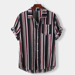 Summer Mens Stripe Shirt Casual Short Sleeve Hawaiian Shirts Loose Strip Print Cool Thin Men Dress Male Clothing Camisa Men's