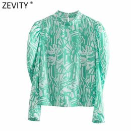 Zevity Women Fashion Agaric Lace Stand Collar Printing Casual Smock Blouse Female Puff Sleeve Shirt Chic Blusas Tops LS7711 210603