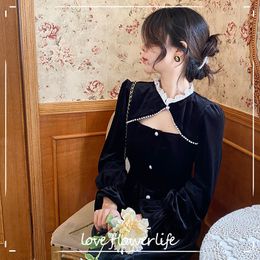 Vintage Black Dress women casual evening party dress korean Spring slim long sleeve sexy Button dress female 210521