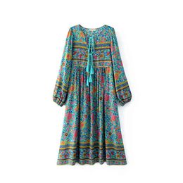 Green Boho Bohemian Loose Floral Print Tassel Full Long Sleeve O Neck Maxi Dress D0212 210514