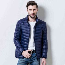 New Men's Down Jacket Winter Mens Thin And Light White Duck Down Coat Slim Stand Collar Male Solid Colour Warm Outwear Tops 6XL G1108