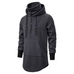 Men Slim Long section High collar Hooded Sweatshirt Man Extend Curved hem Solid black Cotton Casual Pullover Hoodies 211014