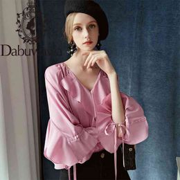 Dabuwawa Vintage Pink Ruffle Sleeve V Neck Blouse Top Modern Lady Women Elegant Wrap Hem Blouses Shirts Female DO1AST049 210520