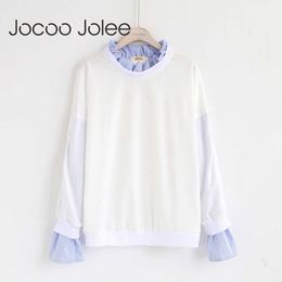 Jocoo Jolee Autumn Winter Women Casual Pullovers Ladies Fashion Striped Patchwork Fake Tow Pieces Long Sleeve Sweatshirts Hoodie 210619