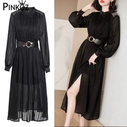 vintage fashion black elegant lantern sleeve autumn midi dress gothic crystal striped party work women split boho 210421