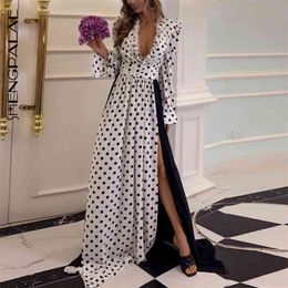 Chiffon Long Dress Women's Spring Mid Waist Sleeve Deep V-neck White Bot Contrast Color Maxi Dresses 210427