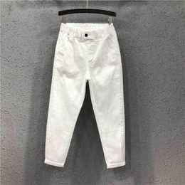 Spring Summer Women Ankle-length Pants Plus Size Solid Cotton Denim Loose Harem White Black Elastic Waist Jeans M-3XL D68 210629