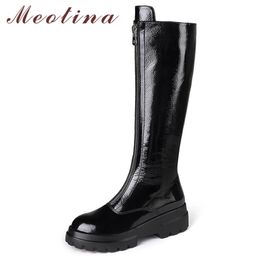 Winter Knee High Boots Women Natural Genuine Leather Chunky Heel Long Zipper Round Toe Shoes Lady Autumn Size 4-10 210517