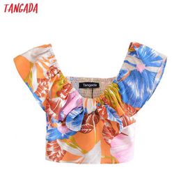 Tangada Women Retro Flowers Print Off Shoulder Shirt Summer Blouse Ruffles Short Sleeve Chic Female Tops 3H468 210609