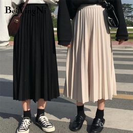 Women Pleated High Waist Skirt Vintage Casual Spring Summer Midi Skirts Female Autumn Korean Saia Mujer Faldas Bottoms 210506