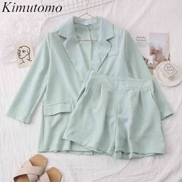 Kimutomo Gentle Two Piece Set Women Turn-down Collar Long Sleeve Solid Colour Blazer + High Waist Pocket Shorts Elegant Suit 210521