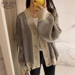 Vintage Lazy Wind Single Row Buckle Sweater V-neck Korea Cardigan Loose Chic Irregular Diamond Texture Coat Woman 12031 210508