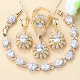 Elegant Women Costume Yellow Gold Color Wedding Big Flower Jewelry Sets Dangle/Earrings/Necklace/Bracelet/Ring 6-Colors Set H1022