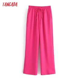 Tangada Fashion Women Pink Wide Leg Suit Pants Trousers Bow Strethy Waist Office Lady Pantalon 3W110 210925