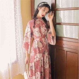 Vintage Floral Print Chiffon Long Women Dress Elegant Improved Cheongsam Female Vestidos Mid-Calf Pink Spring 210603