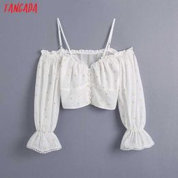 Tangada Women Retro Embroidery Romantic Blouse Shirt Off Shoulder Long Sleeve Chic Female Shirt Tops BE960 210609
