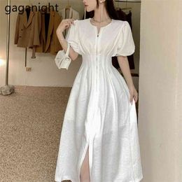 Elegant Solid Zipper Long Dress Women Vintage Puff Short Sleeve Slim Party Dresses Summer Split Hight Waist Vestidos 210601