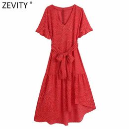 Zevity Women Elegant V Neck Dots Print Irregular Hem Split Midi Dress Female Chic Butterfly Sleeve Sashes Vestido DS5068 210603