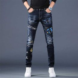 High Quality Mens Elastic Denim Pants,Stylish Pattern Printing Decors Washed Jeans,BoysSlim-fit Casual Jeans; 211111