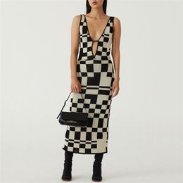 Women's Knitted Dress Sexy Bodycon Party Dresses Backless Plaid Print Spaghetti Strap Hollow Out Vestidos Summer Women Dresses 220311