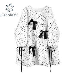 French Style Retro Long Sleeve Lace Up Zipper High Waist Dress Summer Stylish Square Collar Bow Causal Loose Dresses Lady 210515