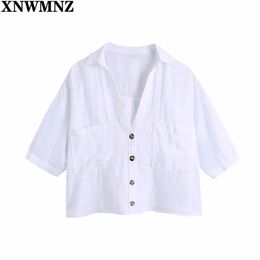 Women Fashion White With Pockets Loose Cropped Linen Blouses Vintage Short Sleeve Button-up Female Shirts Chic Tops 210520