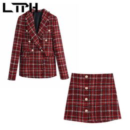 vintage red plaid Outfits women Skirt Suits Soft Tweed Blazer jacket casual high waist Package Hip skirts Spring 210427